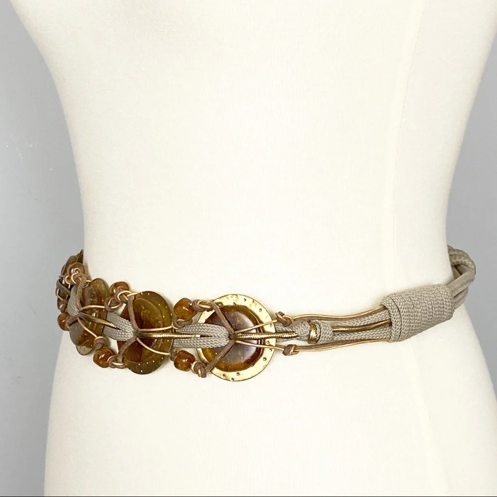 Gold-Plated Taupe Chunky Cord Belt With Glass Beading